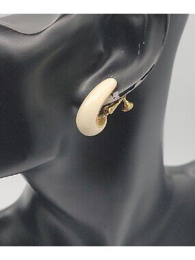 Vintage Napier White Enamel Oblong Huggie Hoop Screw Back Clip Earrings Signed